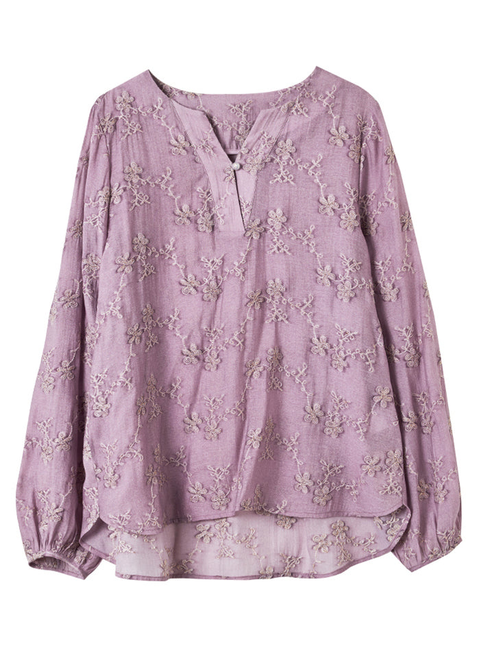 Fitted Purple V Neck Embroidered Chiffon Shirt Spring