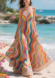 Fitted Rainbow Patchwork Lace Exra Large Hem Cotton Cami Dresses Summer