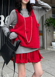 Fitted Red Floral Decorated Knit Vests Winter