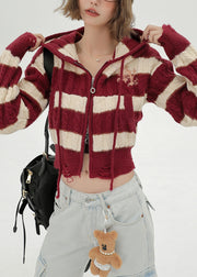 Fitted Red Hooded Striped Knit Hoodie Coat Winter