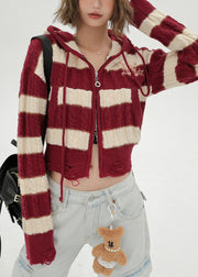 Fitted Red Hooded Striped Knit Hoodie Coat Winter