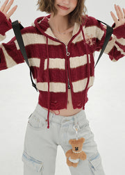 Fitted Red Hooded Striped Knit Hoodie Coat Winter