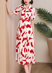 Fitted Red Peter Pan Collar Print Chiffon Dress Summer