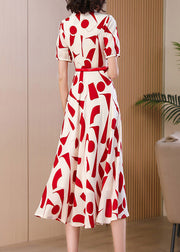 Fitted Red Peter Pan Collar Print Chiffon Dress Summer