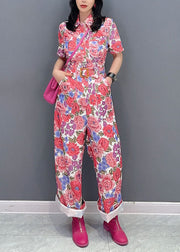 Fitted Red Peter Pan Collar Print Sashes Patchwork Cotton Jumpsuit Summer
