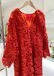 Fitted Red V Neck Hollow Out Floral Dress Long Sleeve