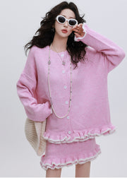 Fitted Rose Ruffled Oversized Knit Cardigan Two Pieces Set Winter