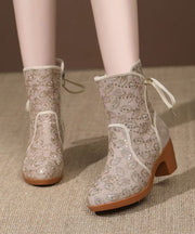 Fitted Sequins Splicing Chunky Boots Beige Breathable Mesh