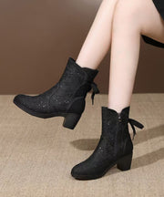 Fitted Sequins Splicing Chunky Boots Beige Breathable Mesh