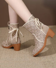 Fitted Sequins Splicing Chunky Boots Beige Breathable Mesh