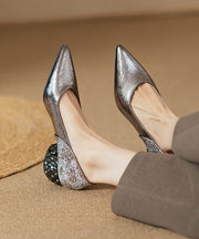 Fitted Silver Splicing Chunky Heel Brown Faux Leather Pointed Toe