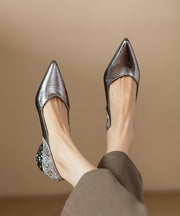 Fitted Silver Splicing Chunky Heel Brown Faux Leather Pointed Toe