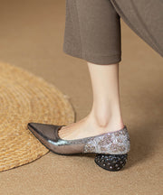 Fitted Silver Splicing Chunky Heel Brown Faux Leather Pointed Toe