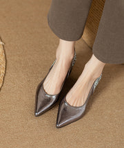 Fitted Silver Splicing Chunky Heel Brown Faux Leather Pointed Toe