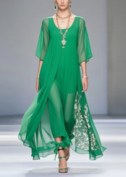 Fitted Tea Green Oversized Draping Chiffon Dress Summer