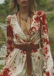 Fitted V Neck Ruffled Tie Dye Cotton Dresses Flare Sleeve