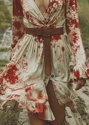 Fitted V Neck Ruffled Tie Dye Cotton Dresses Flare Sleeve