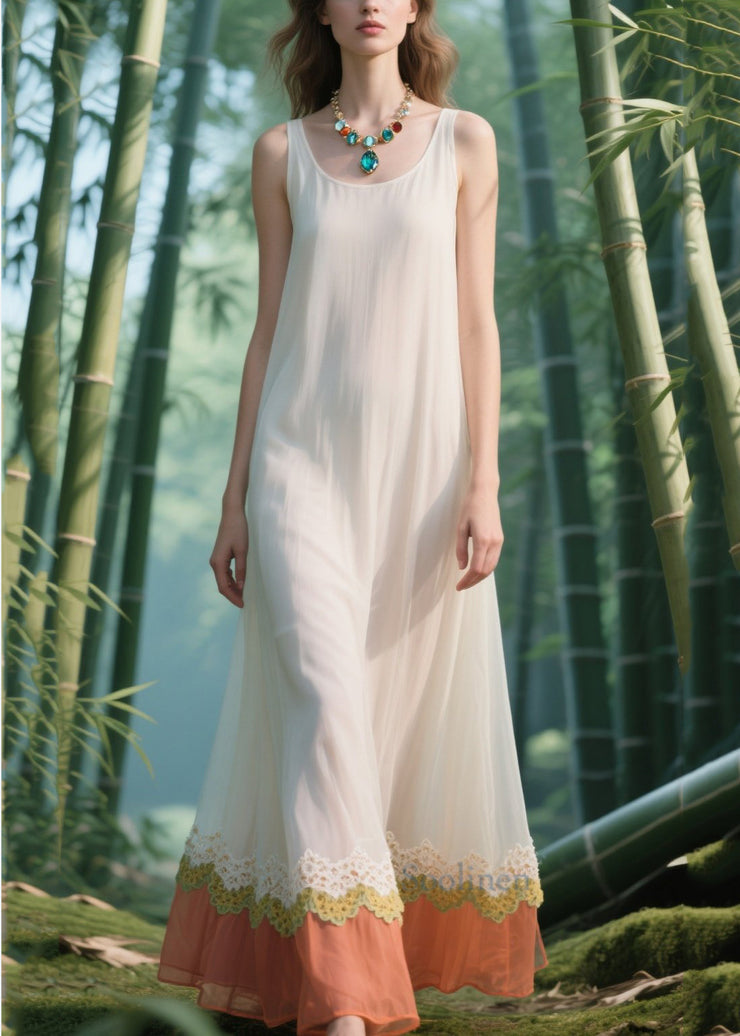 Fitted White Lace Patchwork Chiffon Long Dress Summer