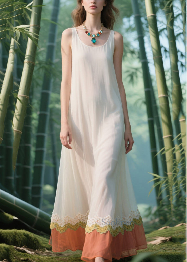 Fitted White Lace Patchwork Chiffon Long Dress Summer