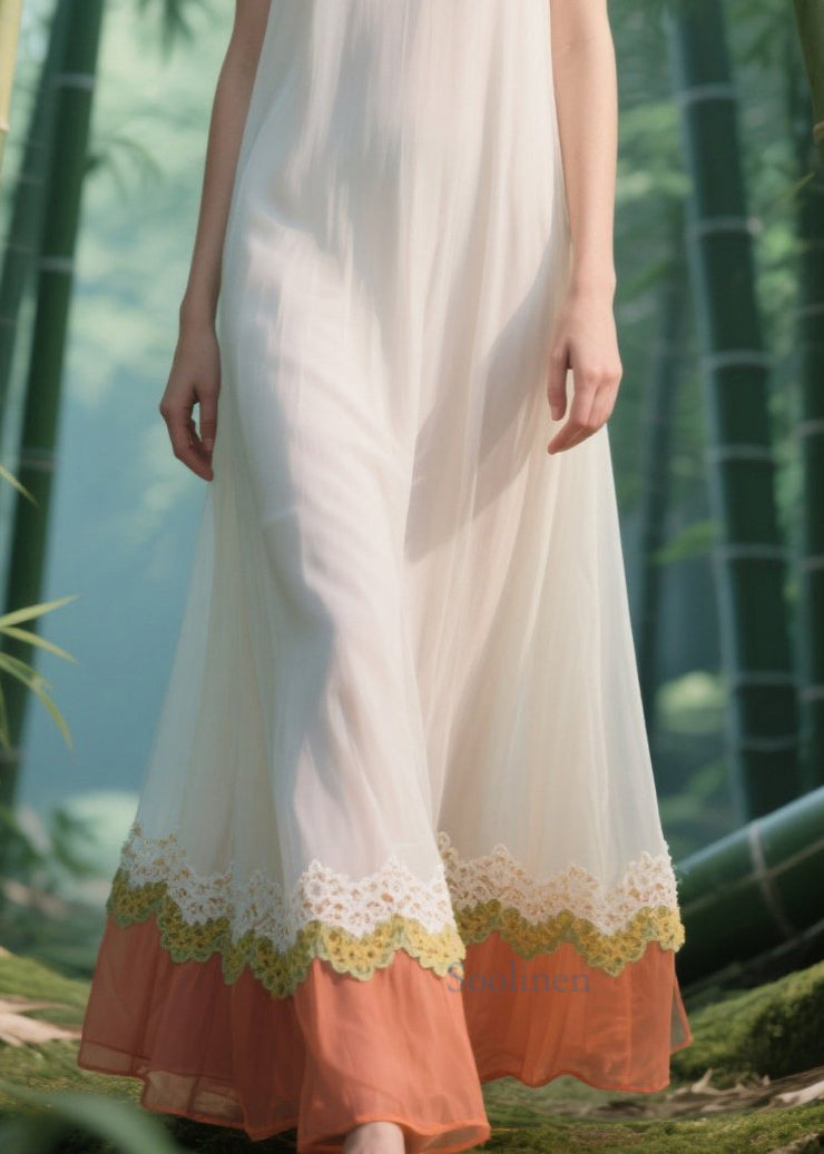 Fitted White Lace Patchwork Chiffon Long Dress Summer