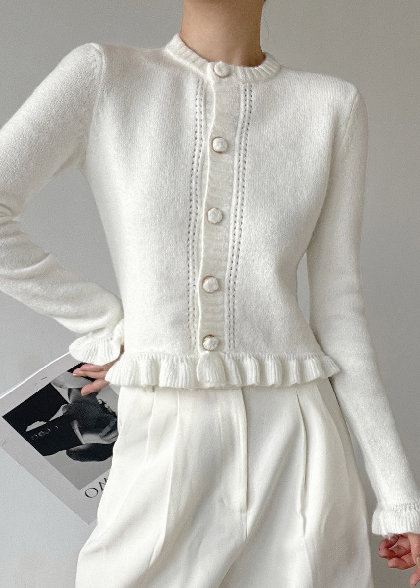 Fitted White O Neck Button Ruffled Knit Cardigan Winter – SooLinen