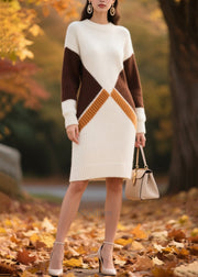 Fitted White Oversized Patchwork Thick Knit Dress Winter