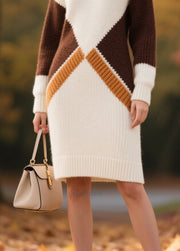 Fitted White Oversized Patchwork Thick Knit Dress Winter