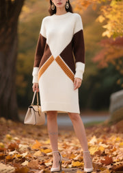 Fitted White Oversized Patchwork Thick Knit Dress Winter