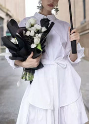 Fitted White Peter Pan Collar Tie Waist Shirt And Skirts Two-Piece Set Fall