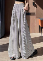 Fitted White Striped Cotton Wide Leg Pants Fall