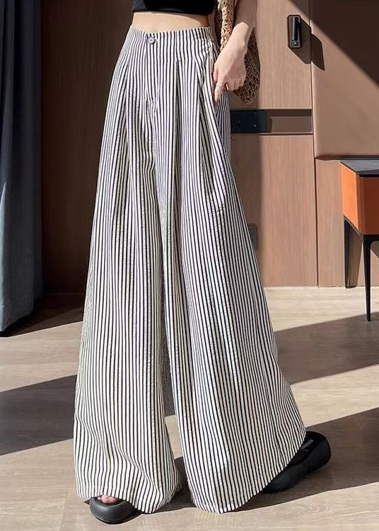 Fitted White Striped Cotton Wide Leg Pants Fall