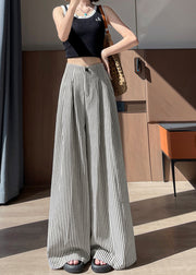 Fitted White Striped Cotton Wide Leg Pants Fall