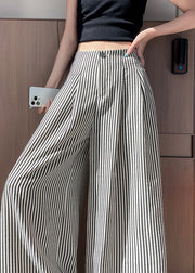 Fitted White Striped Cotton Wide Leg Pants Fall