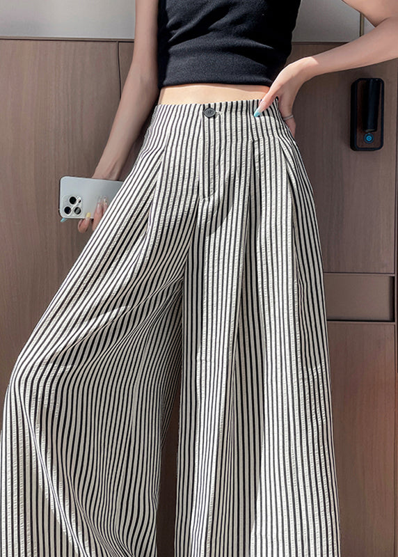 Fitted White Striped Cotton Wide Leg Pants Fall
