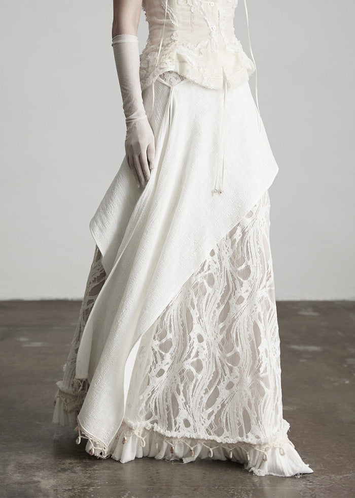 Fitted White Tassel Patchwork Lace Skirts Fall