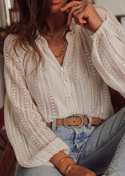 Fitted White V Neck Hollow Out Lace Top Lantern Sleeve