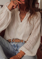 Fitted White V Neck Hollow Out Lace Top Lantern Sleeve