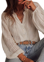 Fitted White V Neck Hollow Out Lace Top Lantern Sleeve