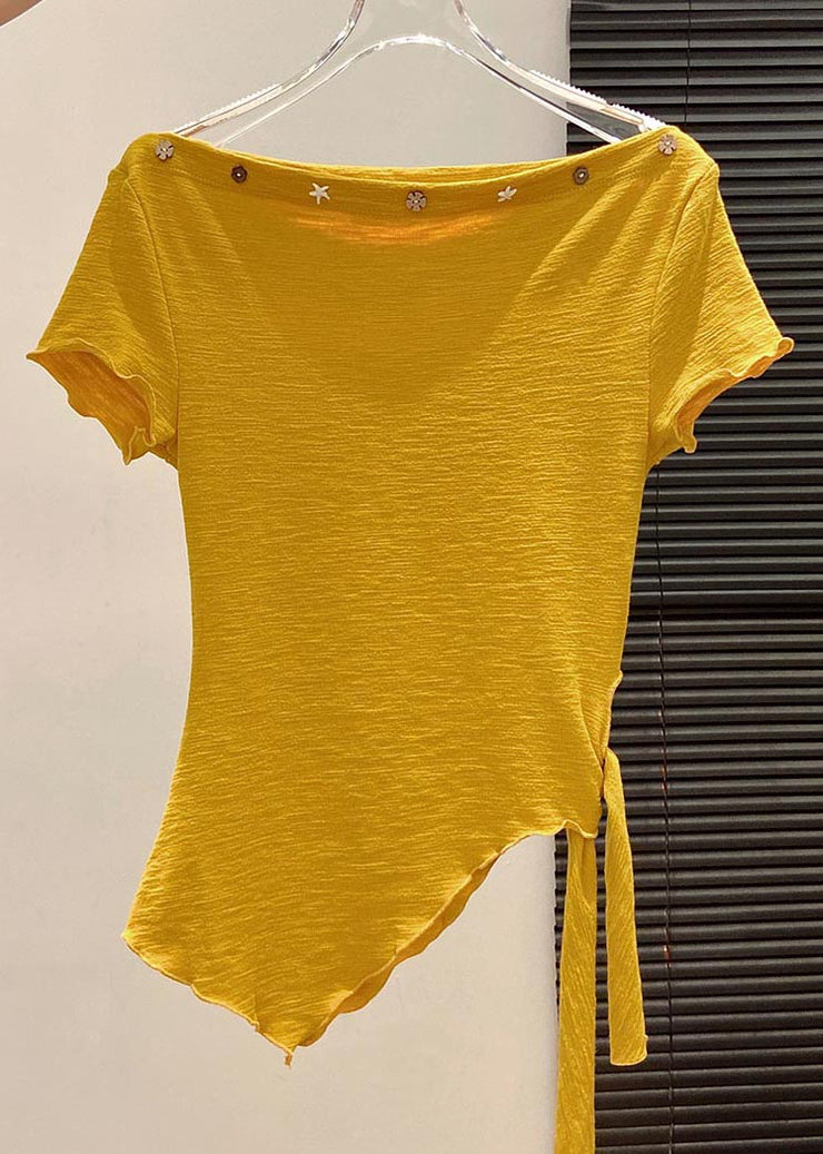 Fitted Yellow Asymmetrical One Shoulder Cotton Tank Tops Summer