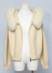 Fitted Yellow Fox Collar Zippered Patchwork Knit Coats Fall
