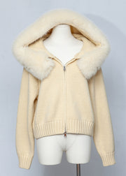 Fitted Yellow Fox Collar Zippered Patchwork Knit Coats Fall
