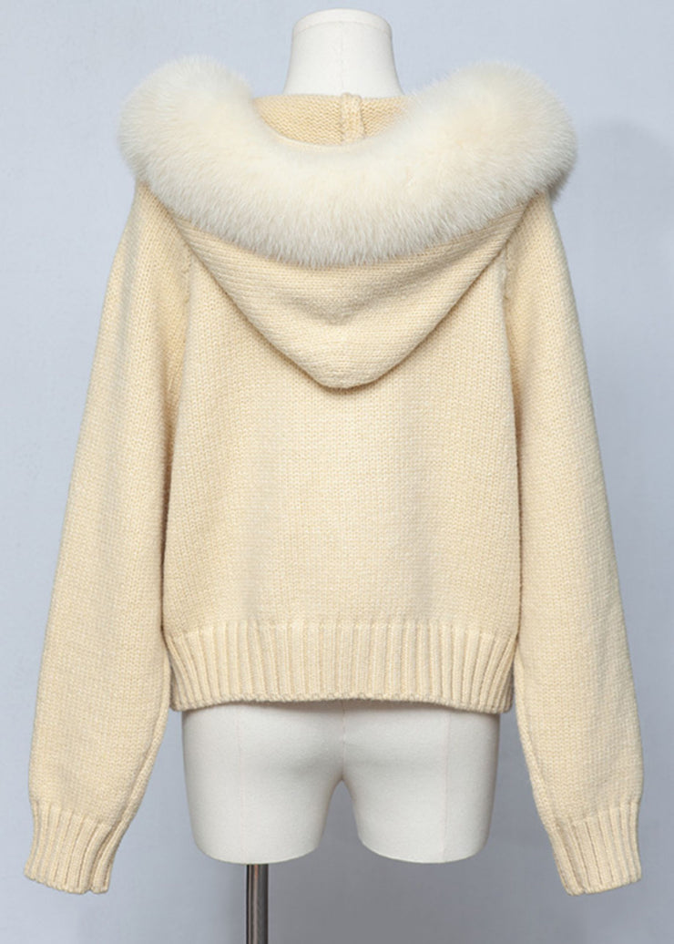 Fitted Yellow Fox Collar Zippered Patchwork Knit Coats Fall
