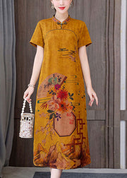 Fitted black phoenix Mandarin Collar Print Pockets Silk Long Dresses Short Sleeve