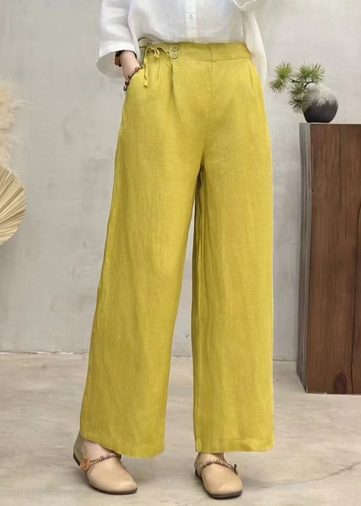 Fitted Yellow Side Tie Waist Linen Straight Pants Summer