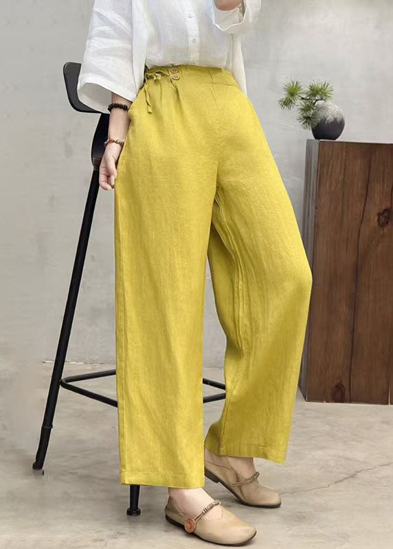 Fitted Yellow Side Tie Waist Linen Straight Pants Summer