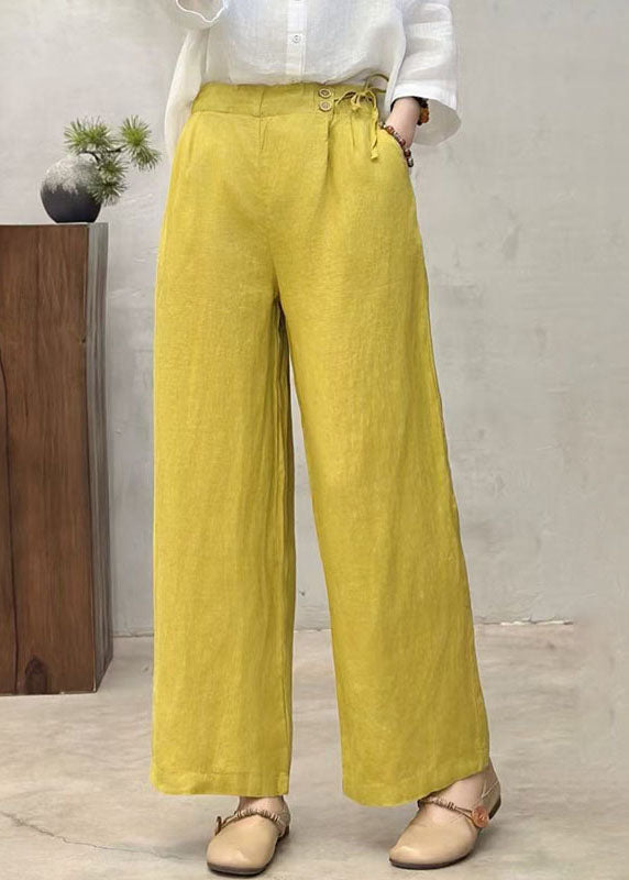 Fitted Yellow Side Tie Waist Linen Straight Pants Summer