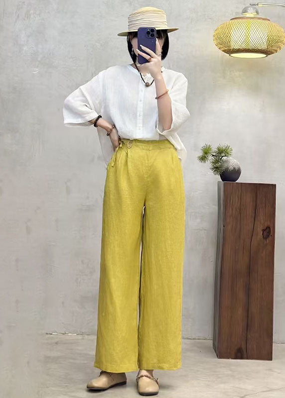 Fitted Yellow Side Tie Waist Linen Straight Pants Summer