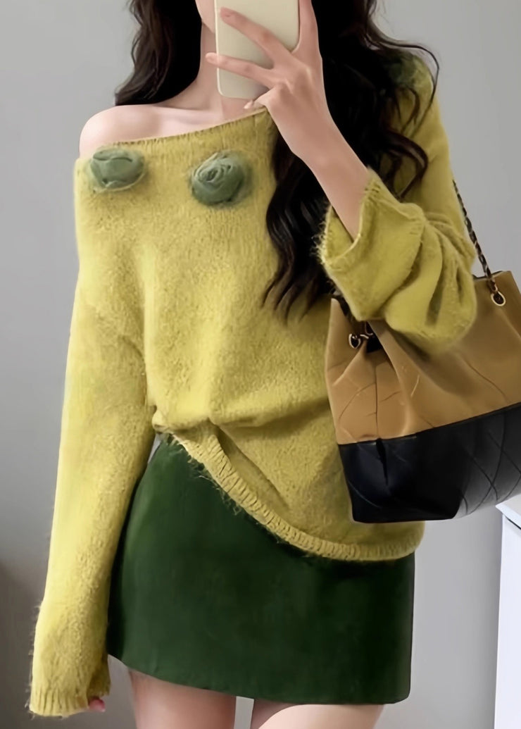 Fitted Yellow Slash Neck Floral Decorated Knit Pullover Fall