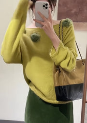 Fitted Yellow Slash Neck Floral Decorated Knit Pullover Fall