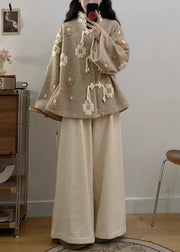 Floral Apricot Chinese Button Coat And Wide Leg Pants Woolen Two Pieces Set Fall